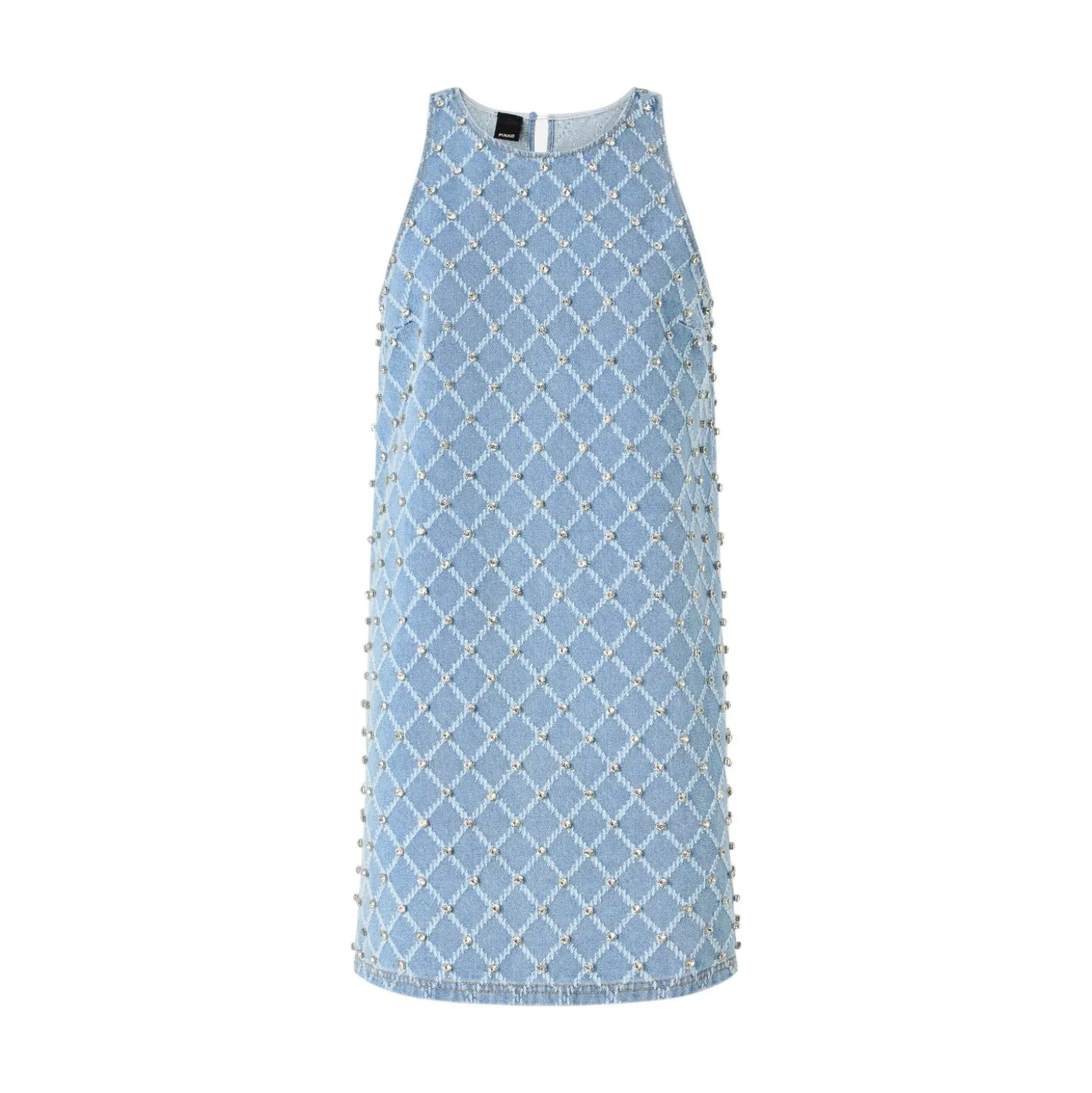 Abito donna corto in denim con disegno rombi e strass