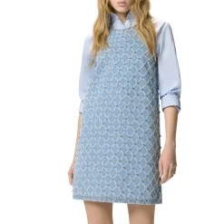 Abito donna corto in denim con disegno rombi e strass