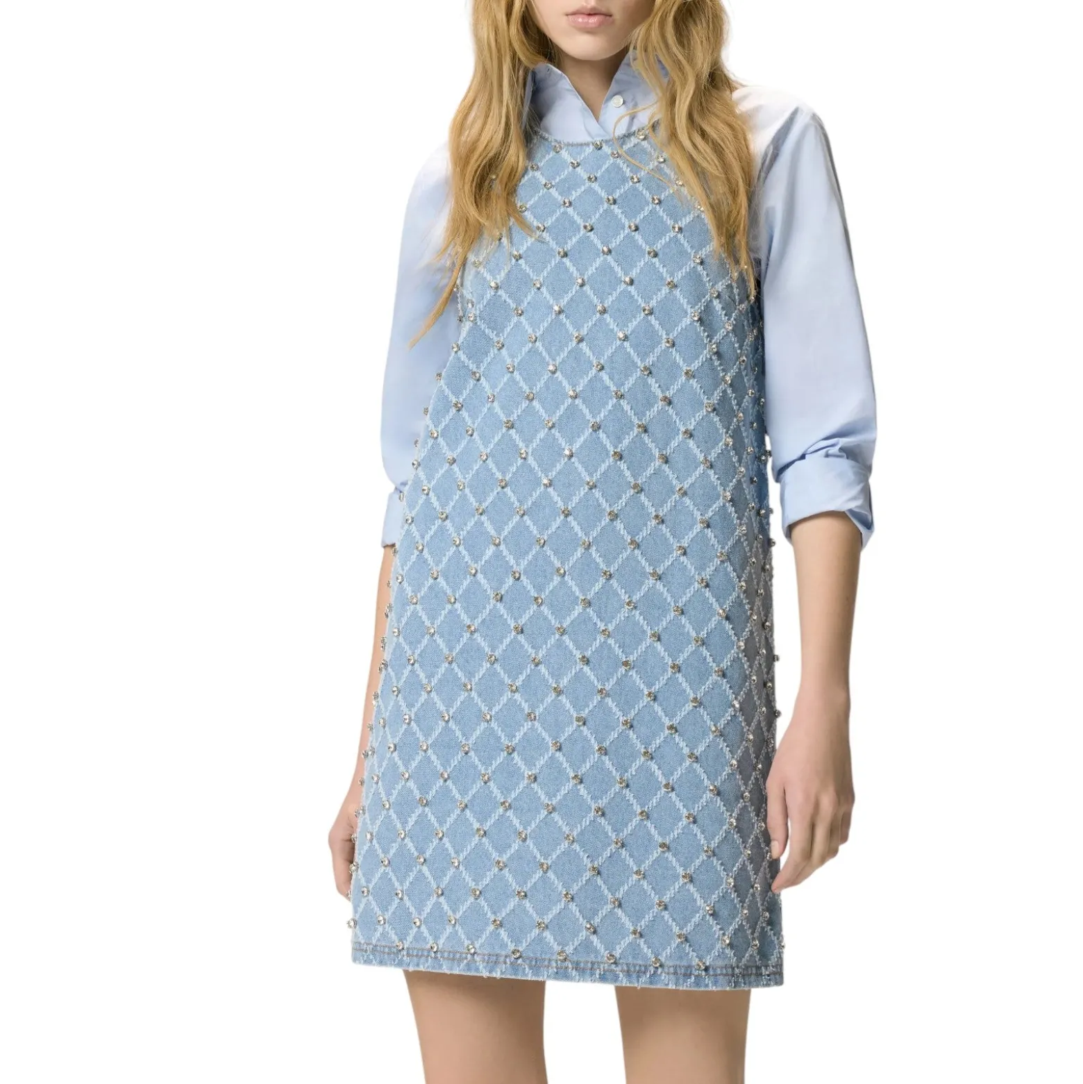 Abito donna corto in denim con disegno rombi e strass