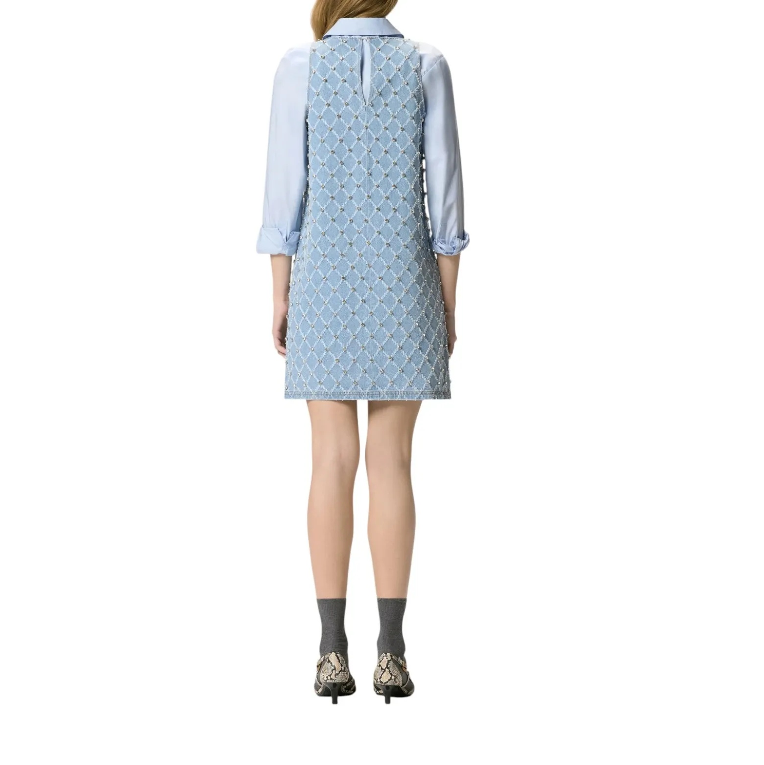 Abito donna corto in denim con disegno rombi e strass
