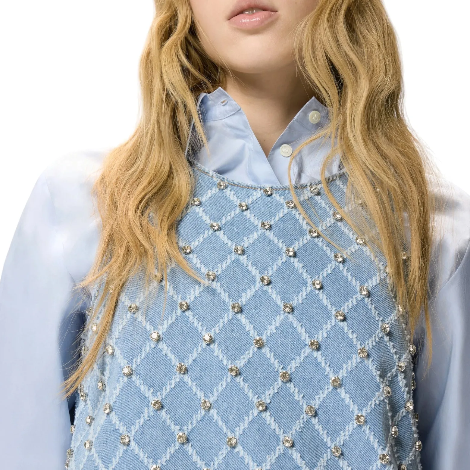 Abito donna corto in denim con disegno rombi e strass