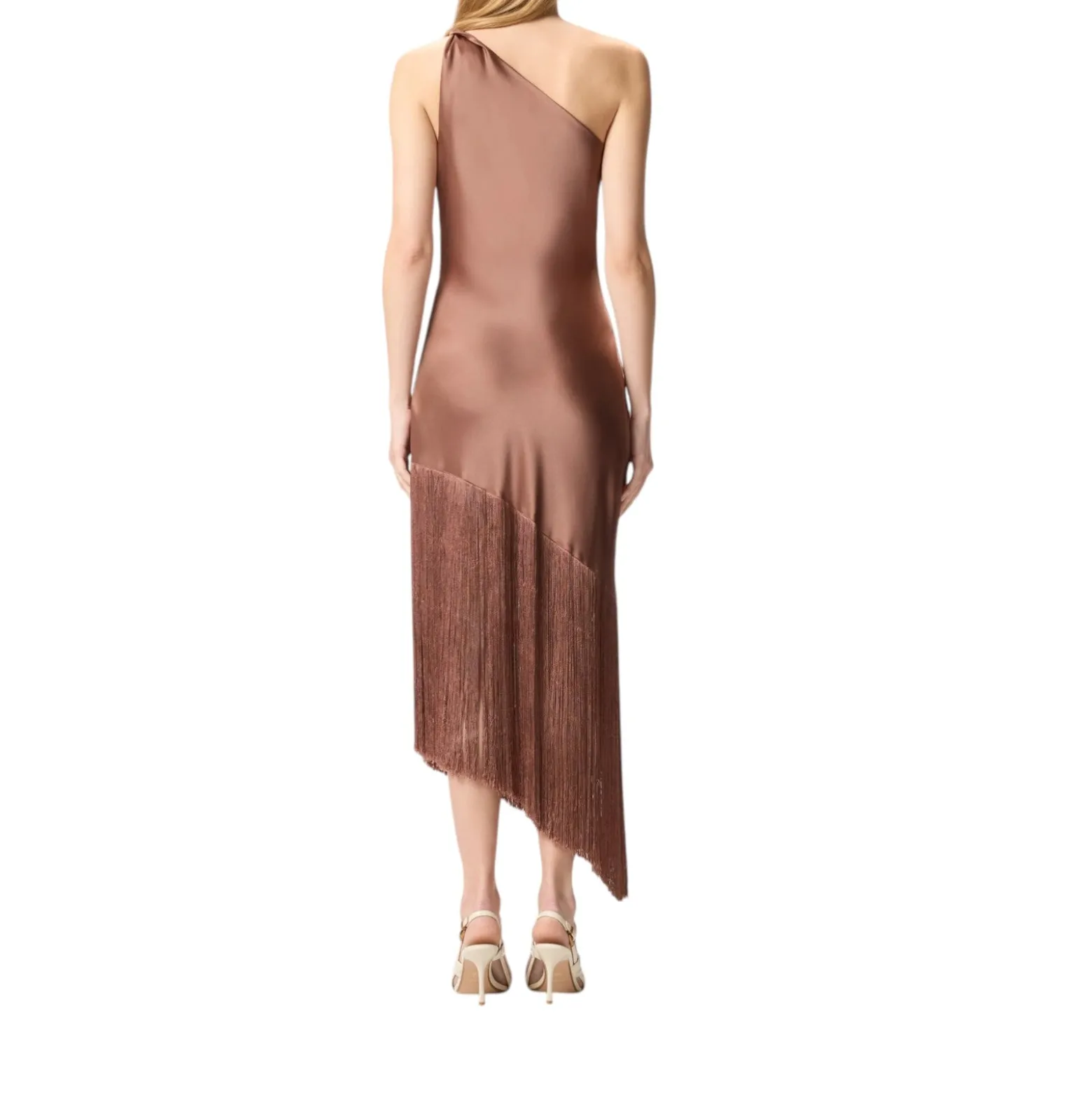 Abito donna corto monospalla in satin con frange