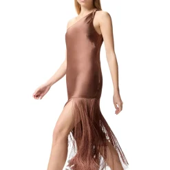 Abito donna corto monospalla in satin con frange