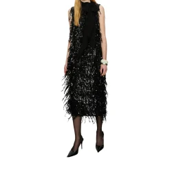 Abito donna lungo con frange di paillettes e foulard
