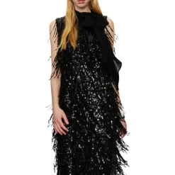 Abito donna lungo con frange di paillettes e foulard