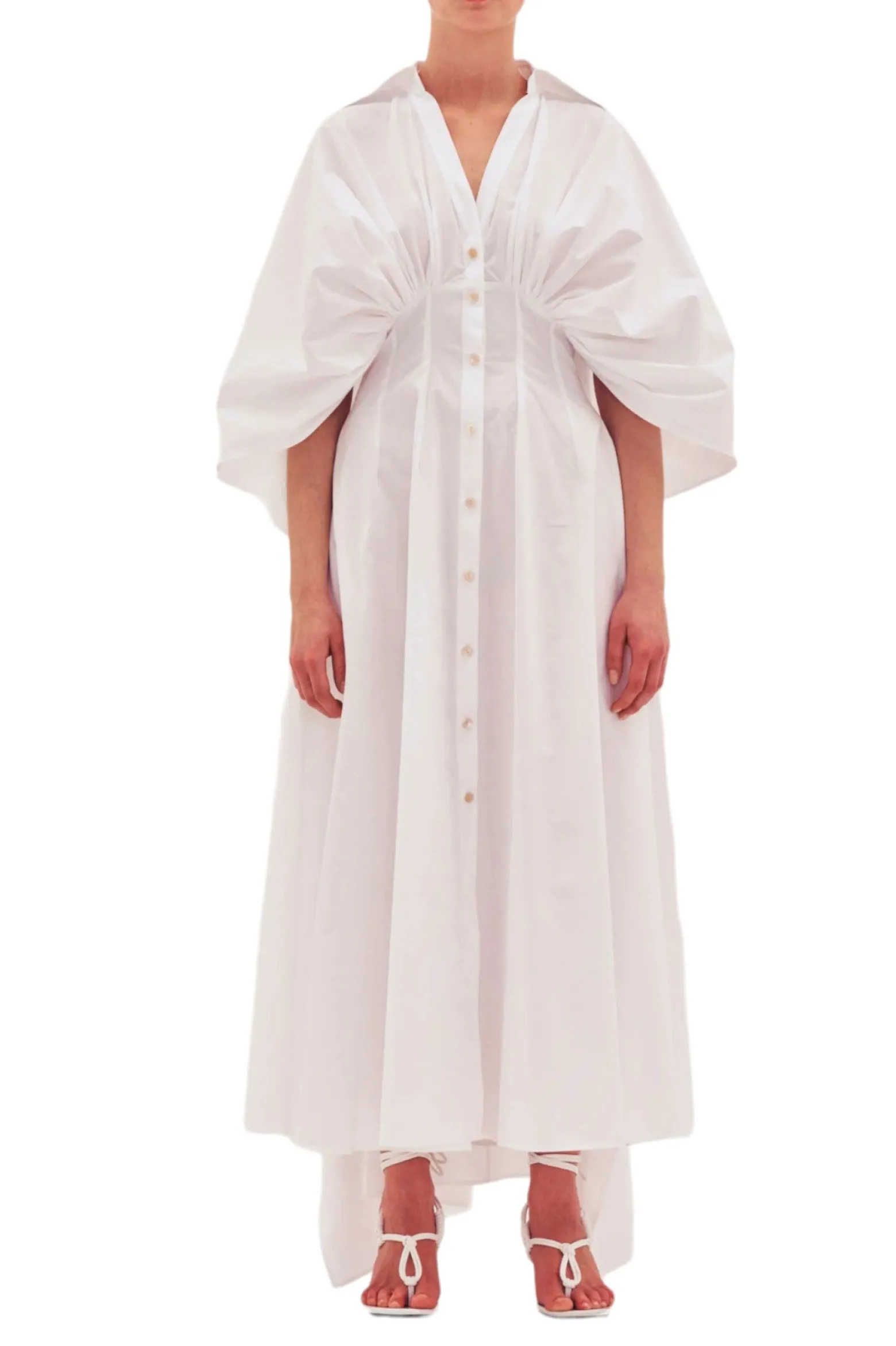 Abito in cotone con mantella in vita arricciata donna
