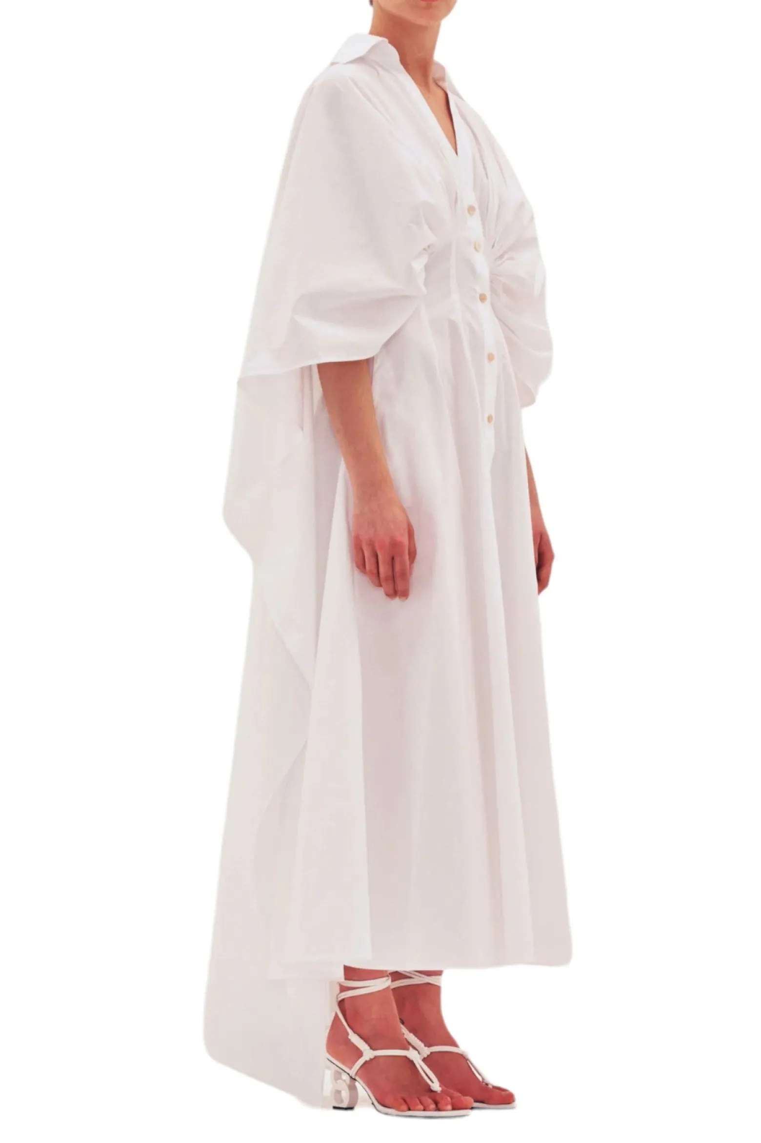 Abito in cotone con mantella in vita arricciata donna