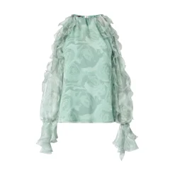 Blusa donna in seta con stampa rose e spalle scoperte