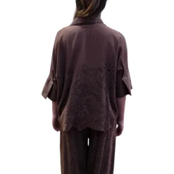 Camicia donna a Kimono in mussola con ricamo sangallo
