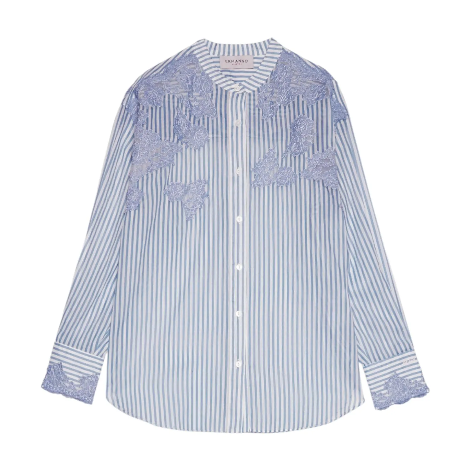 Camicia donna a righe stampa denim con pizzo ricamato