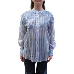 Camicia donna a righe stampa denim con pizzo ricamato