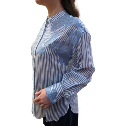 Camicia donna a righe stampa denim con pizzo ricamato