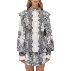 Camicia donna con stampa pizzo e volant