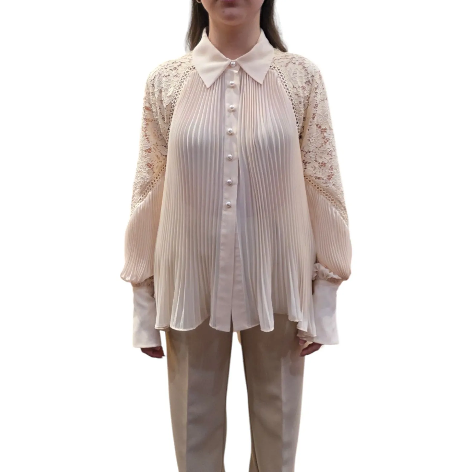 Camicia donna plissettata con pizzo