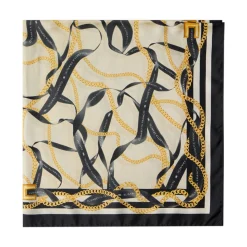 Foulard donna in twill di seta con stampa nastri e catene