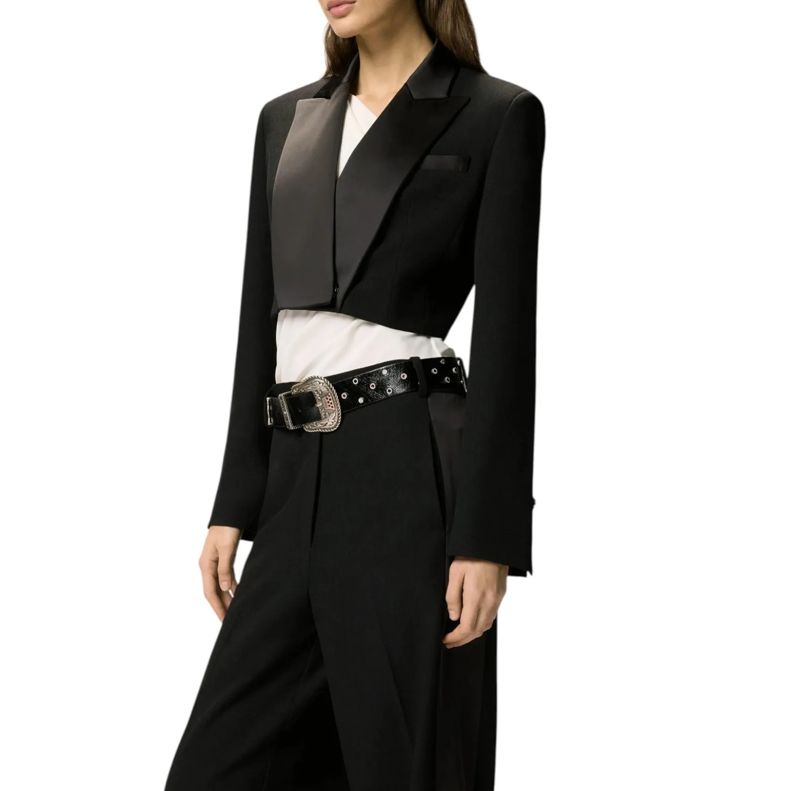 Giacca donna cropped con dettagli in satin