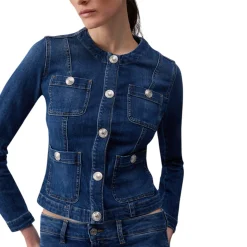 Giacca donna in denim con bottoni logati