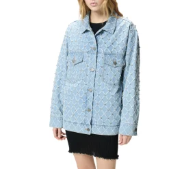 Giubbino donna in denim con disegno rombi e strass