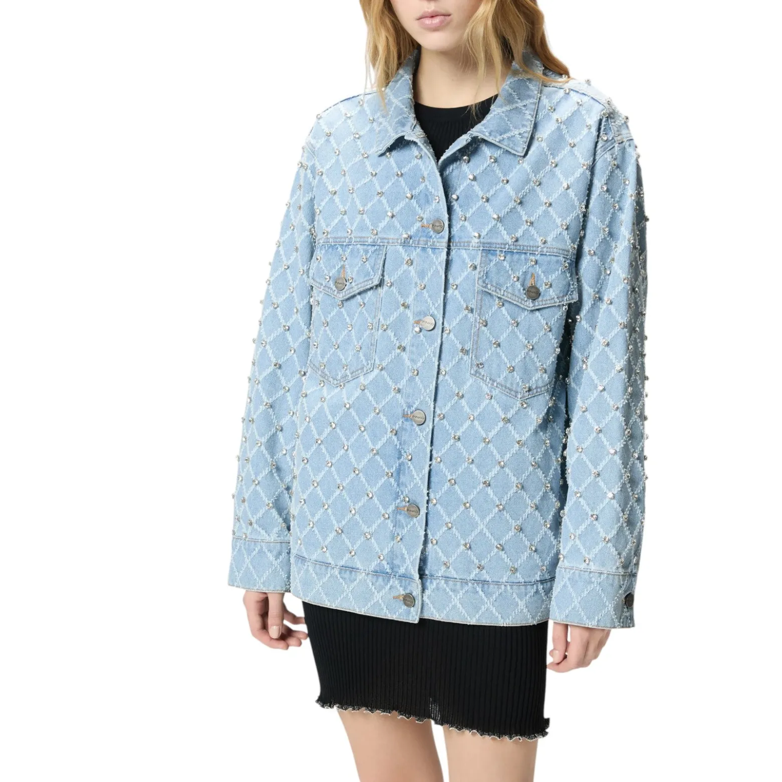 Giubbino donna in denim con disegno rombi e strass