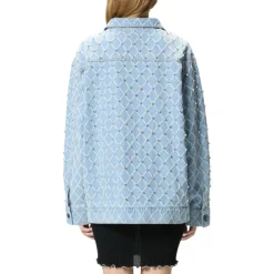 Giubbino donna in denim con disegno rombi e strass