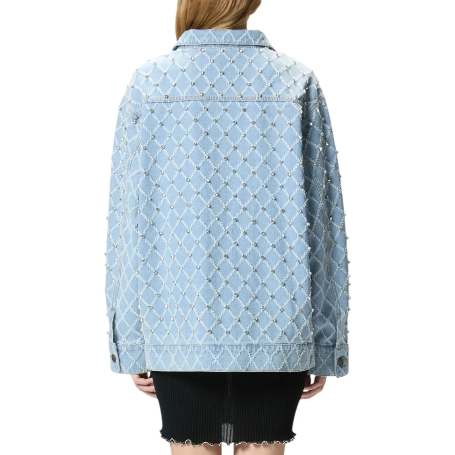 Giubbino donna in denim con disegno rombi e strass