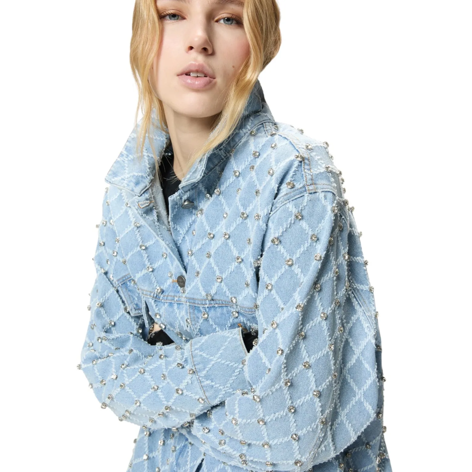 Giubbino donna in denim con disegno rombi e strass