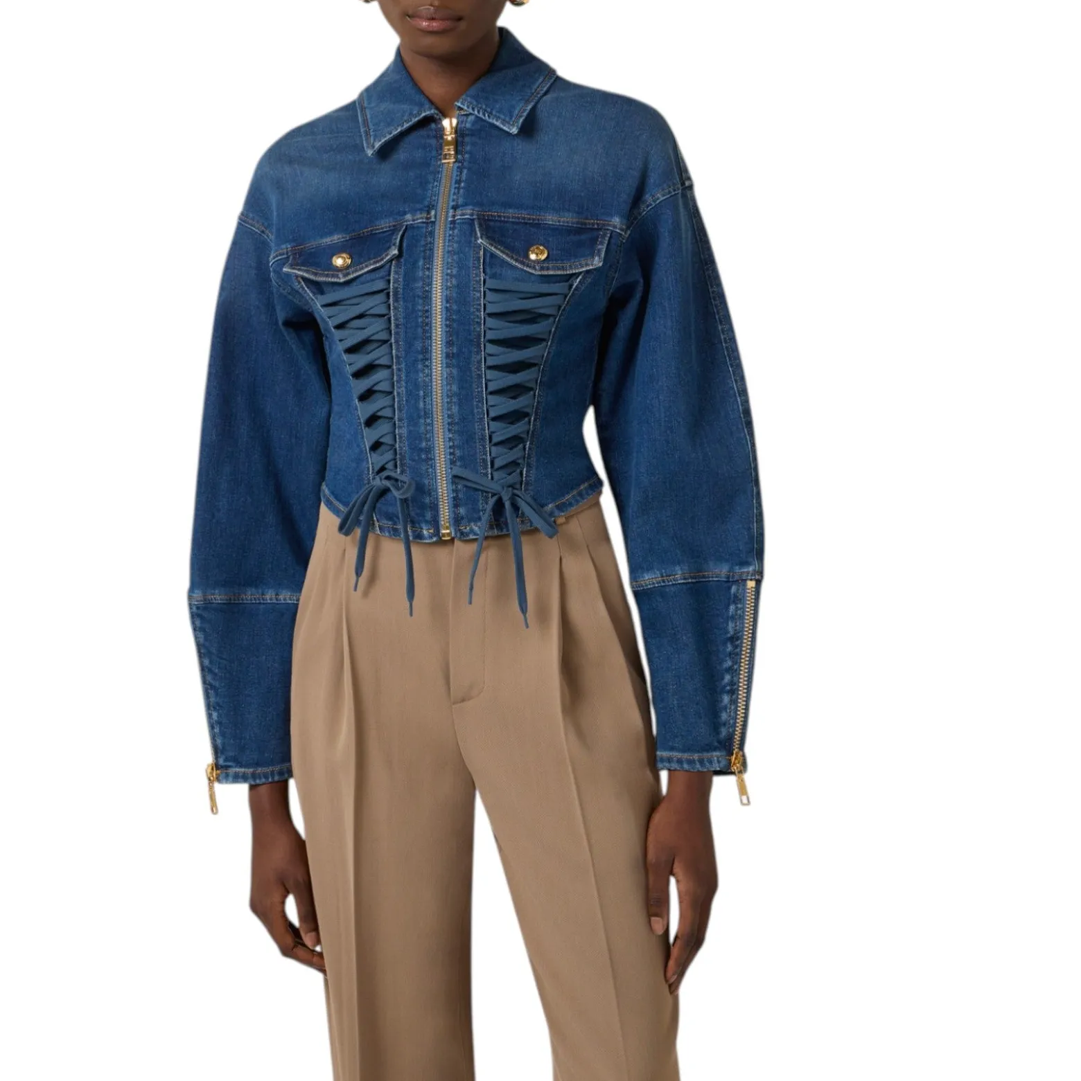 Giubbotto donna in denim con lacci criss-cross
