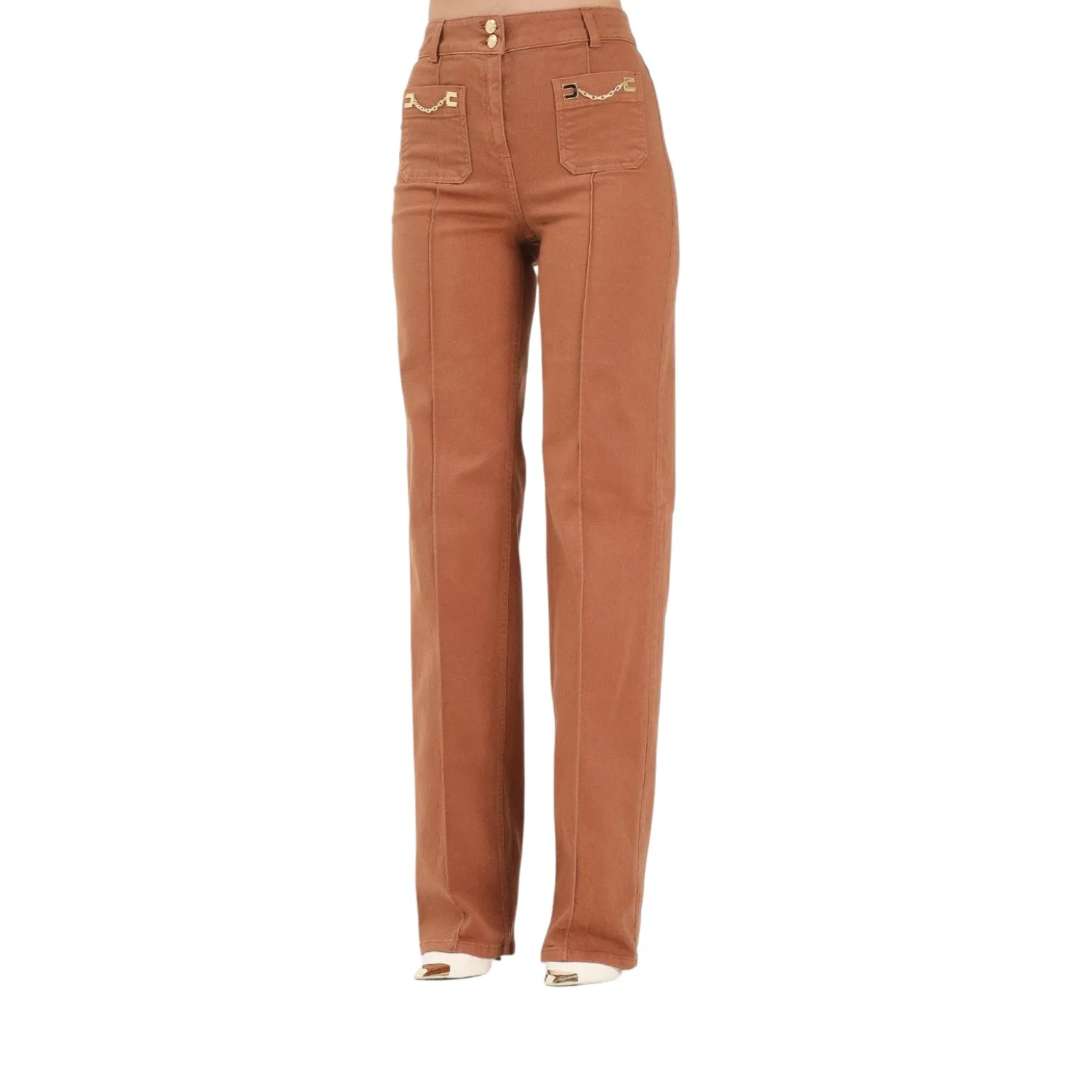 Jeans donna a vita alta cuoio