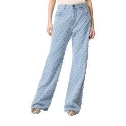 Jeans donna wide leg con disegno rombi e strass