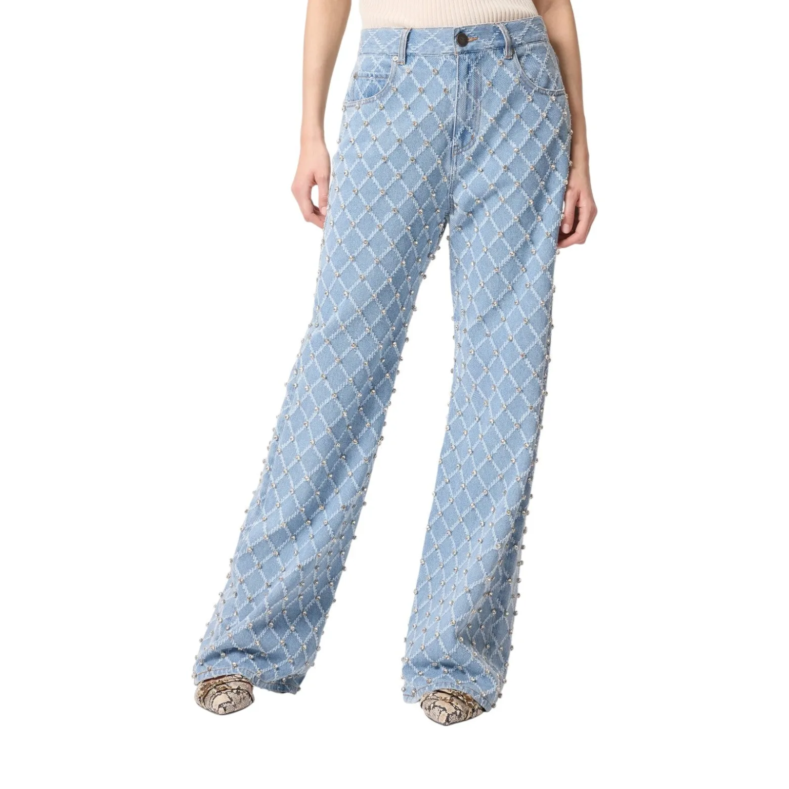Jeans donna wide leg con disegno rombi e strass