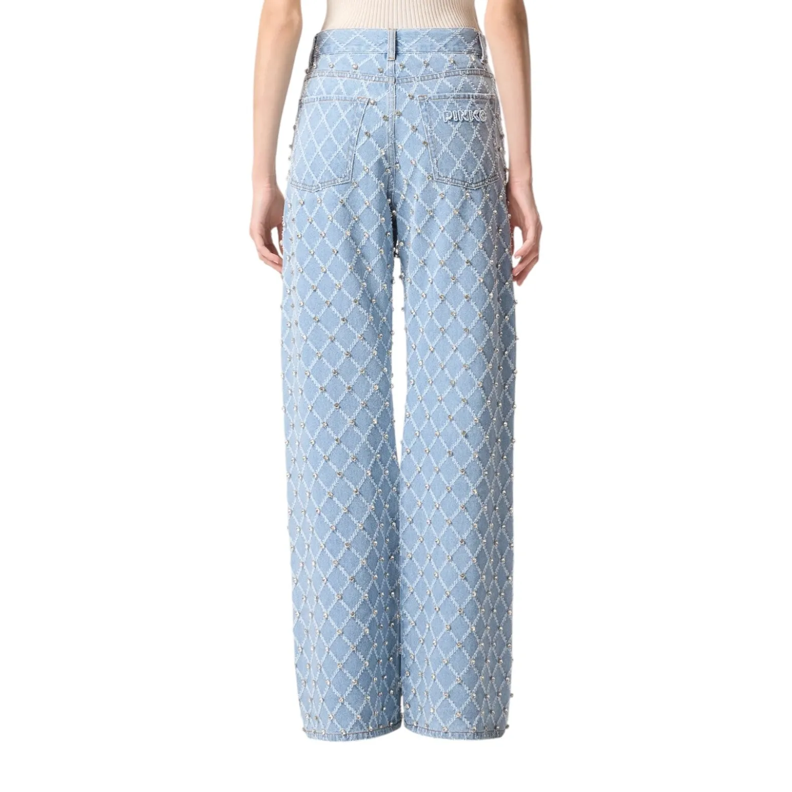 Jeans donna wide leg con disegno rombi e strass