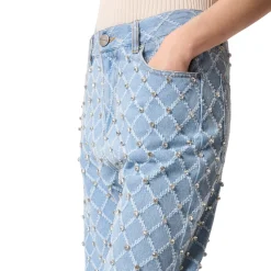 Jeans donna wide leg con disegno rombi e strass