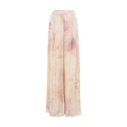 Pantaloni donna ampi in raso con stampa rose