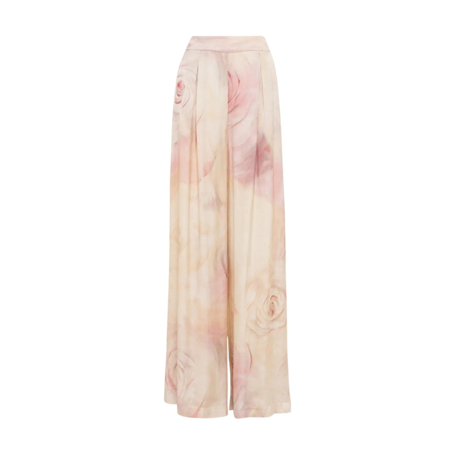 Pantaloni donna ampi in raso con stampa rose