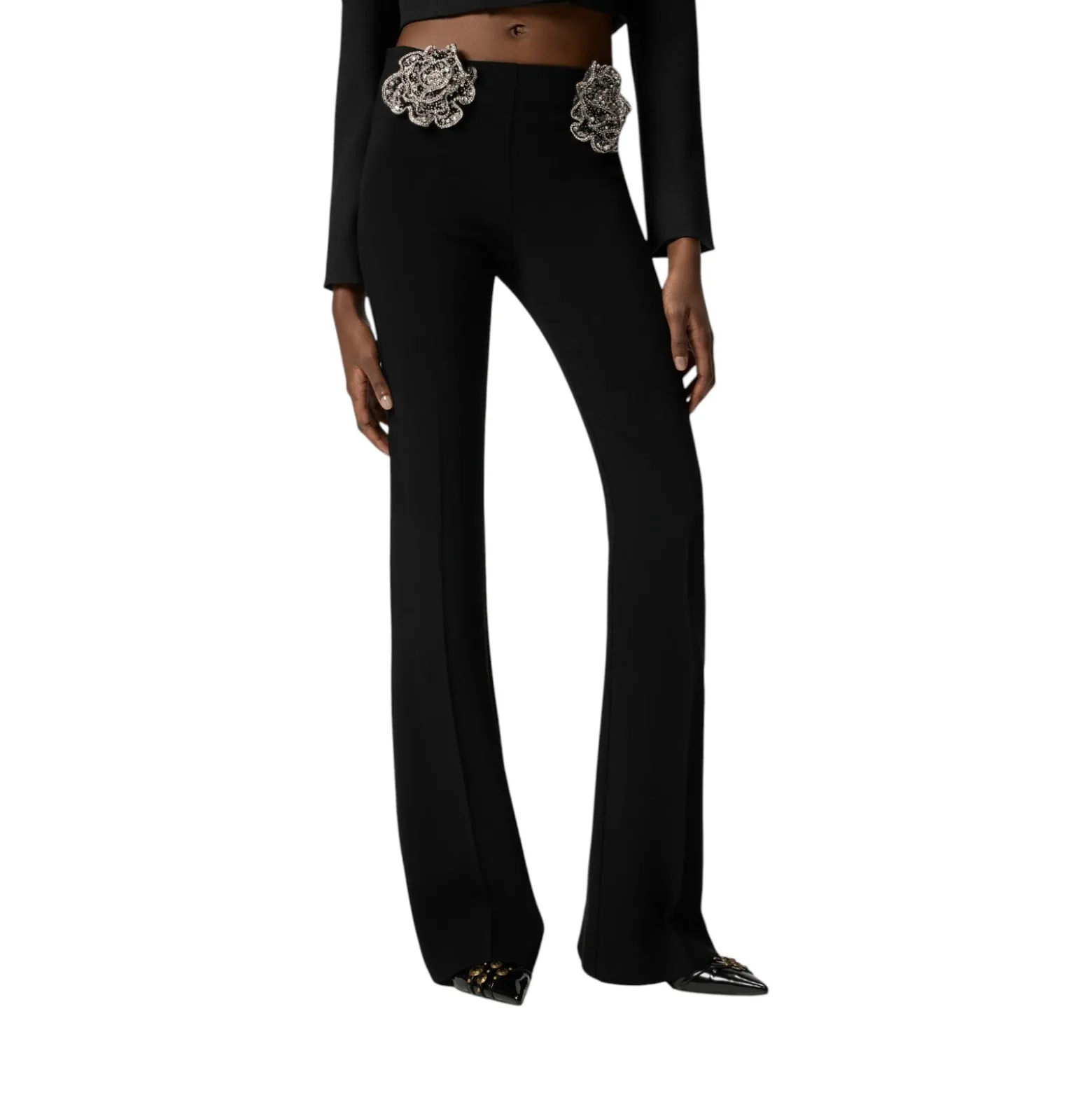 Pantaloni donna con rose gioiello ricamate