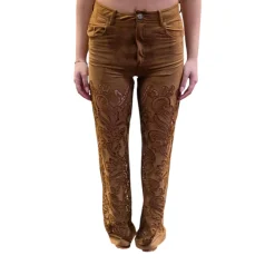 Pantaloni donna flare scamosciati con ricamo sangallo