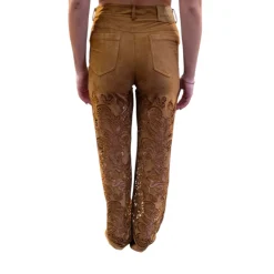 Pantaloni donna flare scamosciati con ricamo sangallo