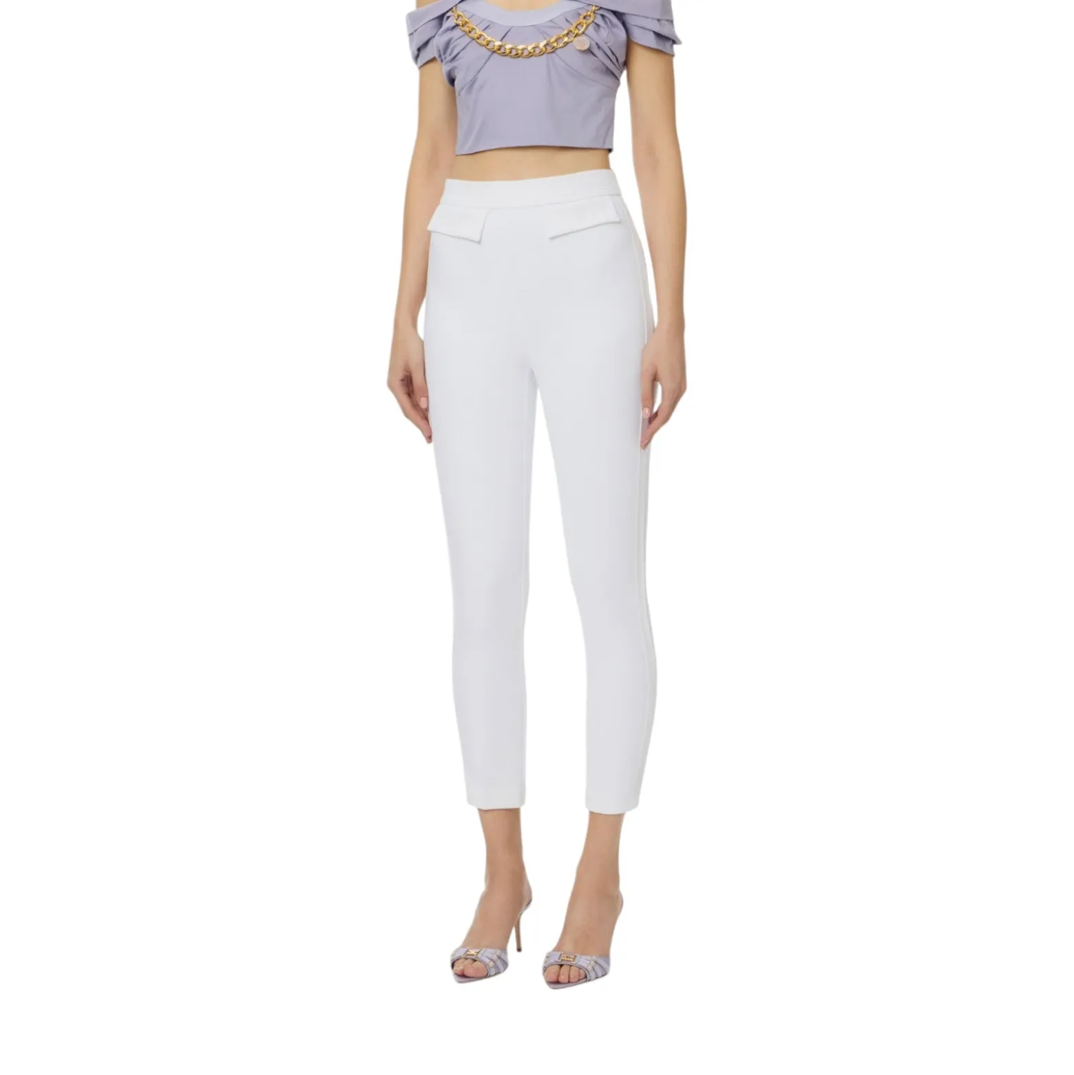 Pantaloni donna in doppio crêpe stretch con logo ricamato