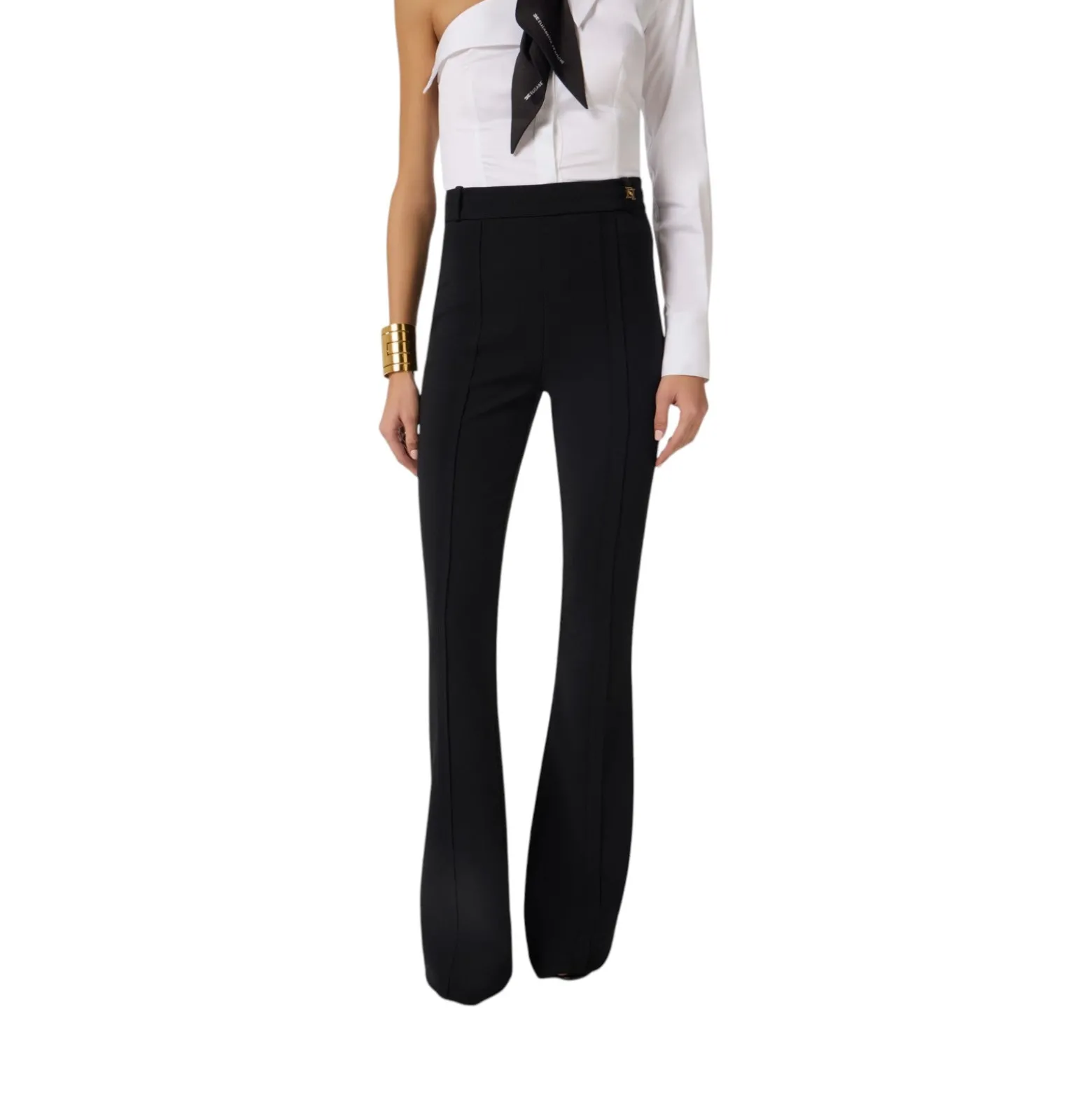 Pantaloni donna in doppio crêpe stretch con logo charm