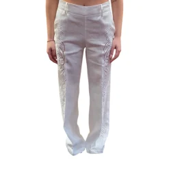 Pantaloni donna sartoriali in lino con ricamo sangallo