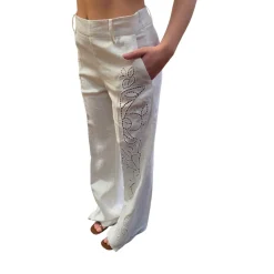 Pantaloni donna sartoriali in lino con ricamo sangallo