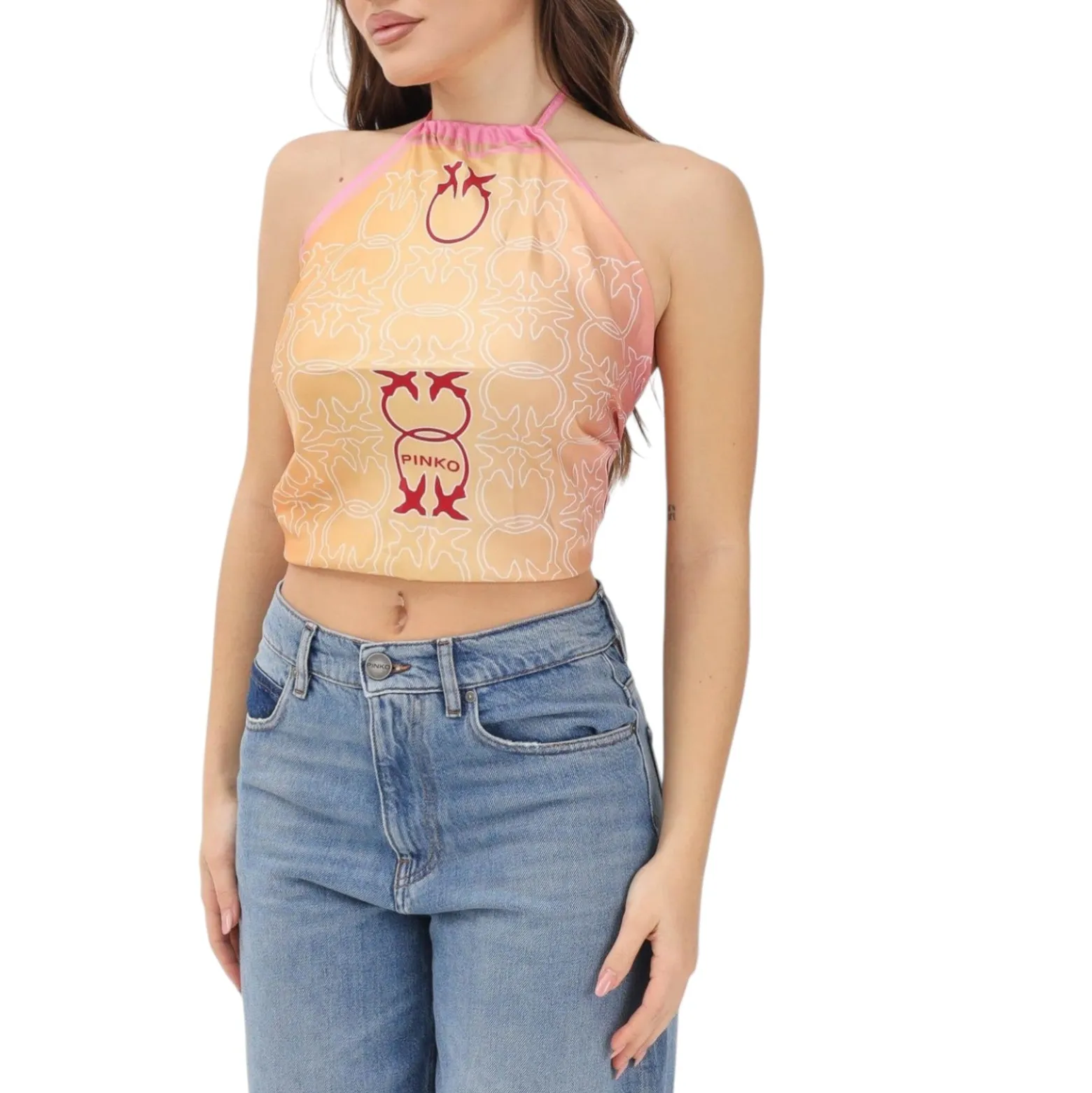 Top donna arancione e rosa con logo all-over