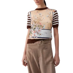 Top donna con inserti in twill stampato