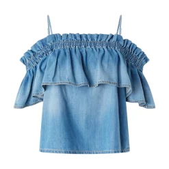 Top donna in denim con volant e spalle scoperte