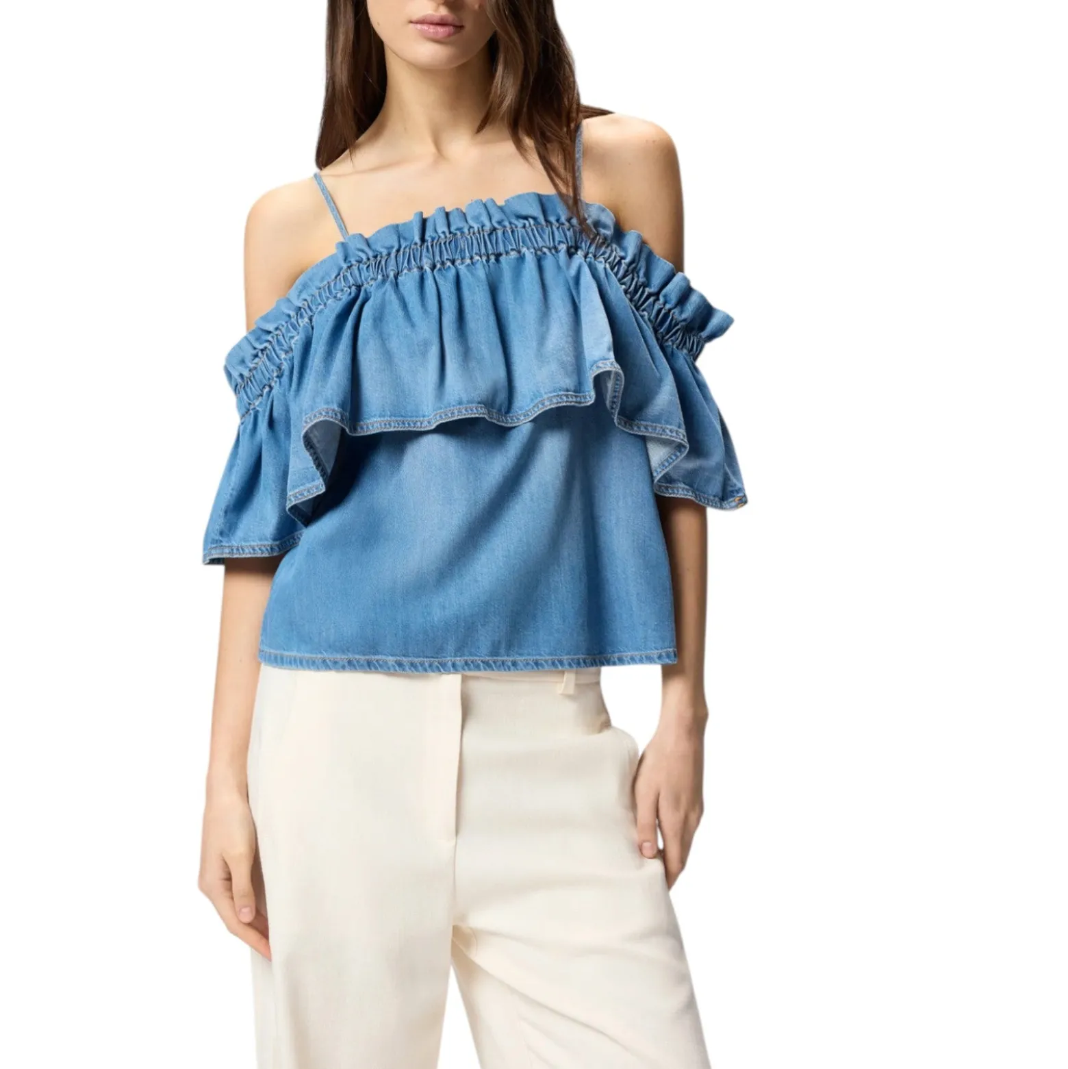 Top donna in denim con volant e spalle scoperte