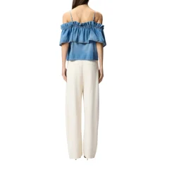 Top donna in denim con volant e spalle scoperte