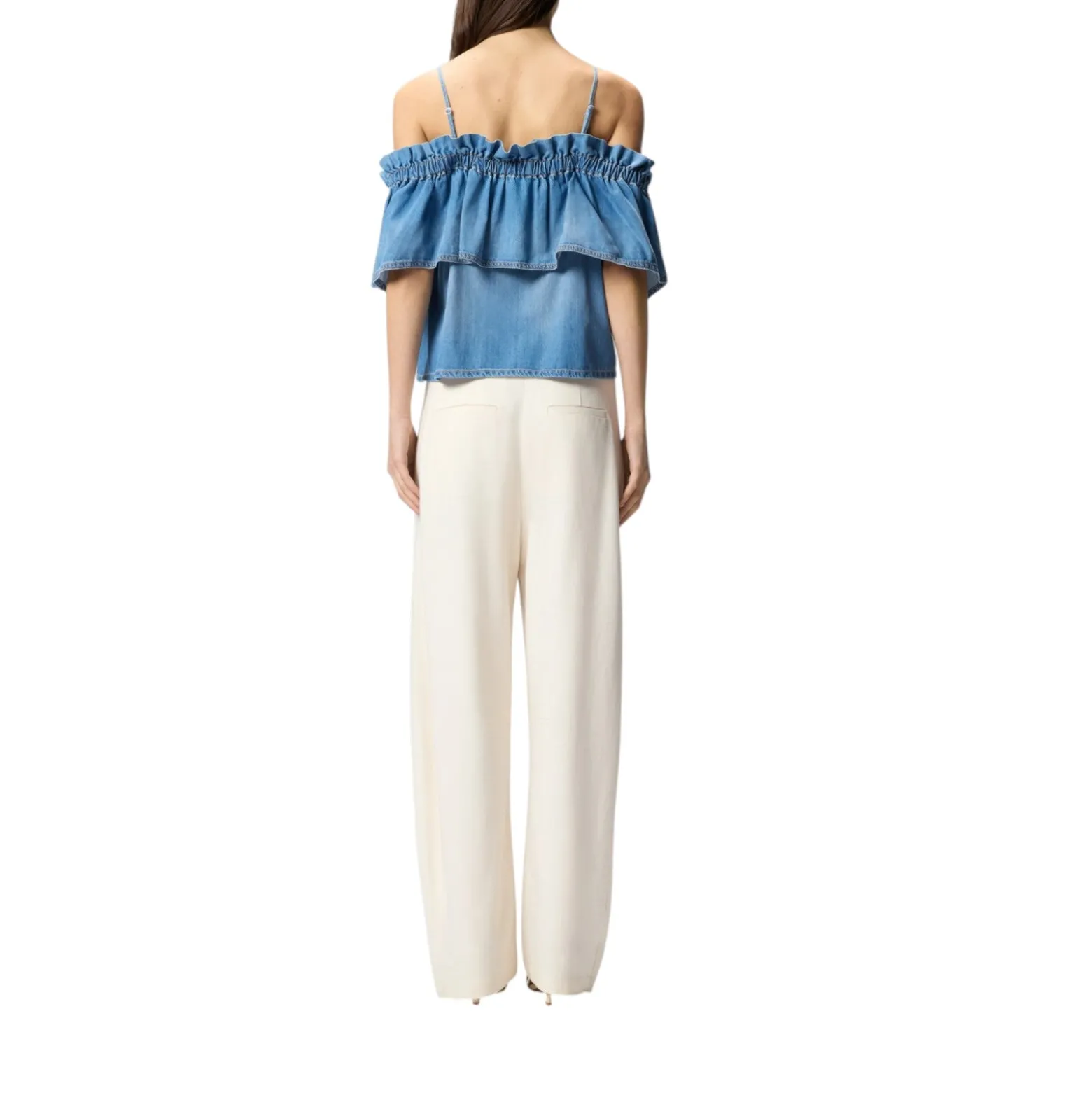 Top donna in denim con volant e spalle scoperte