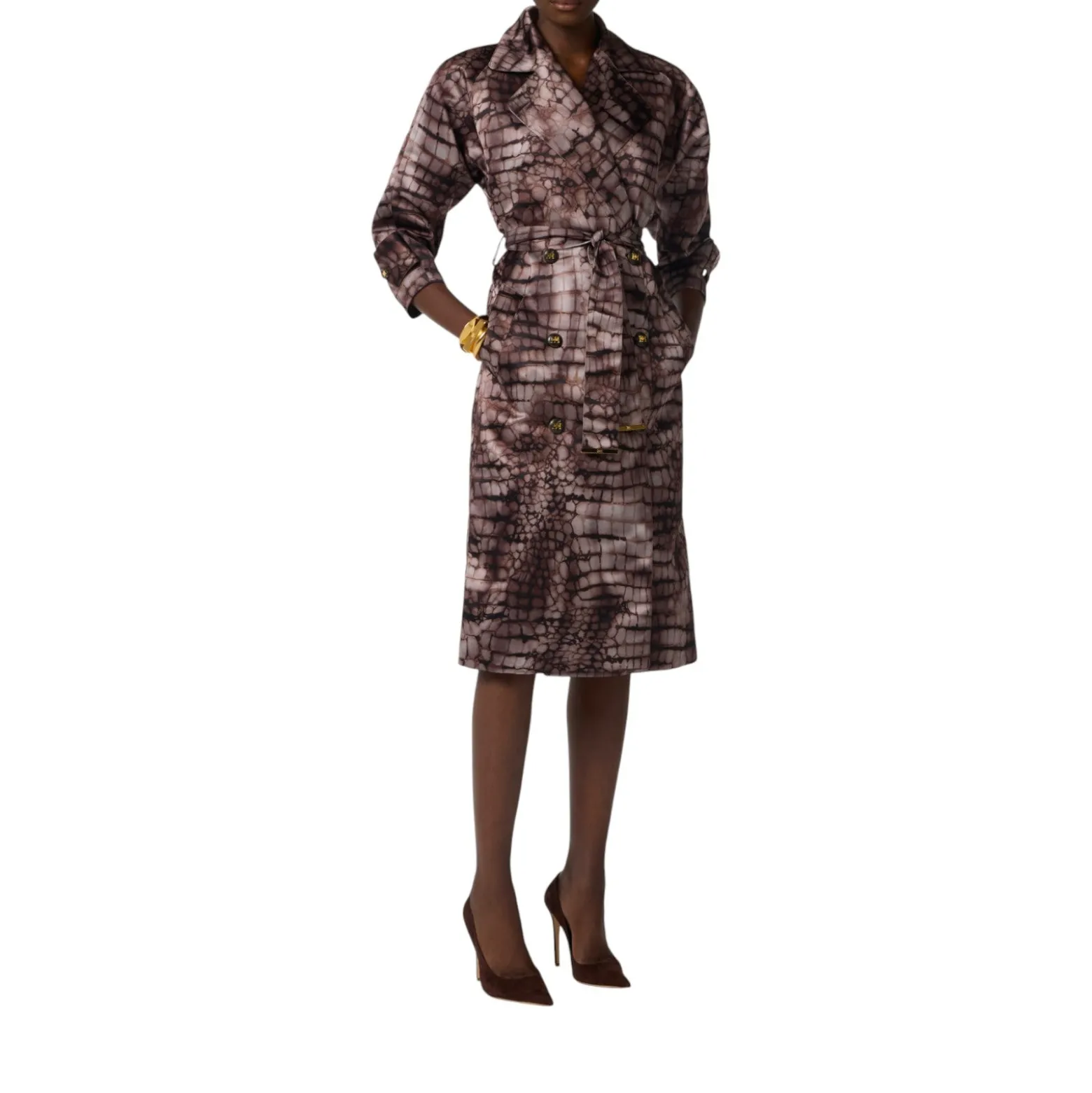 Trench donna in duchesse con stampa alligatore