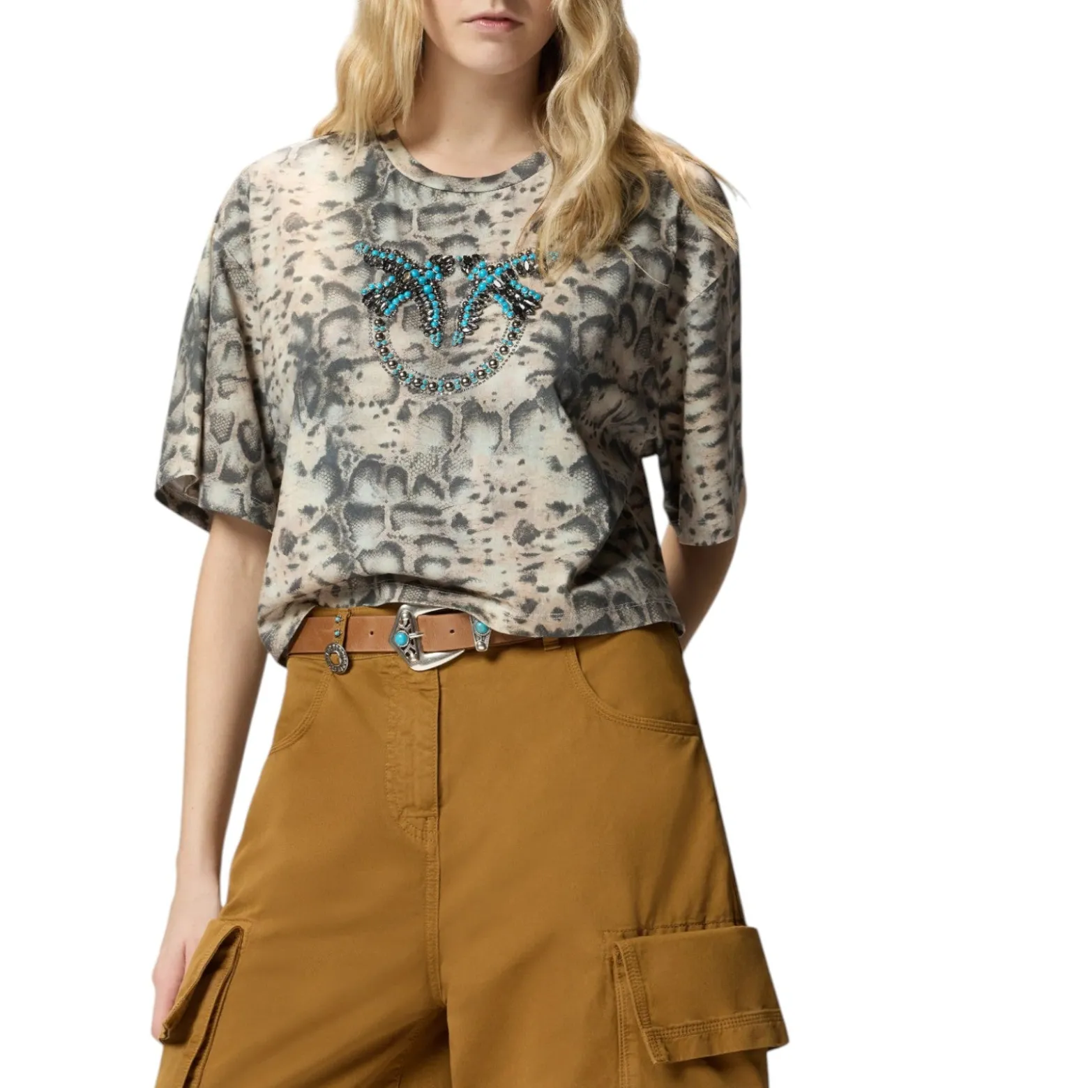 T-shirt donna cropped con stampa snake e Love Birds