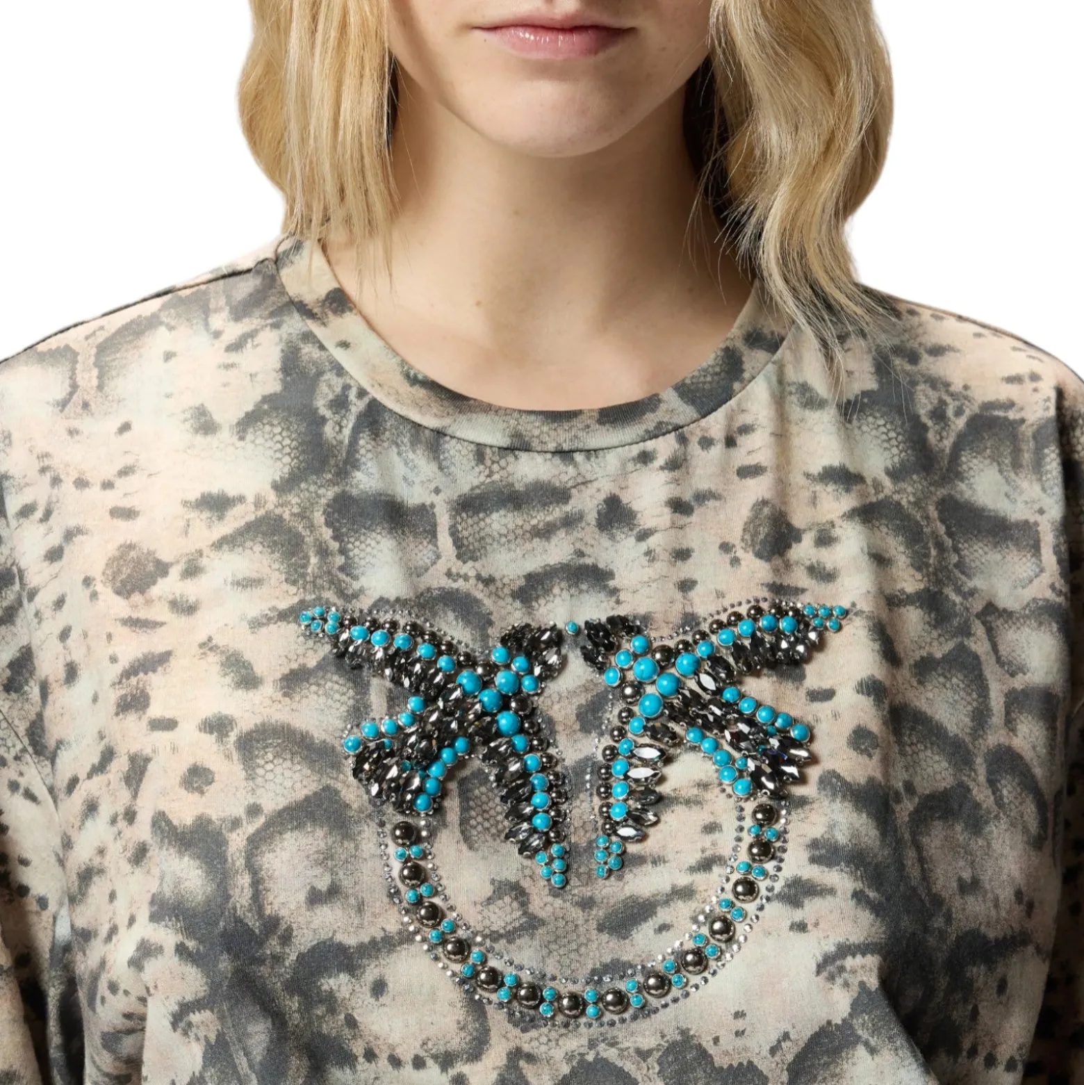 T-shirt donna cropped con stampa snake e Love Birds
